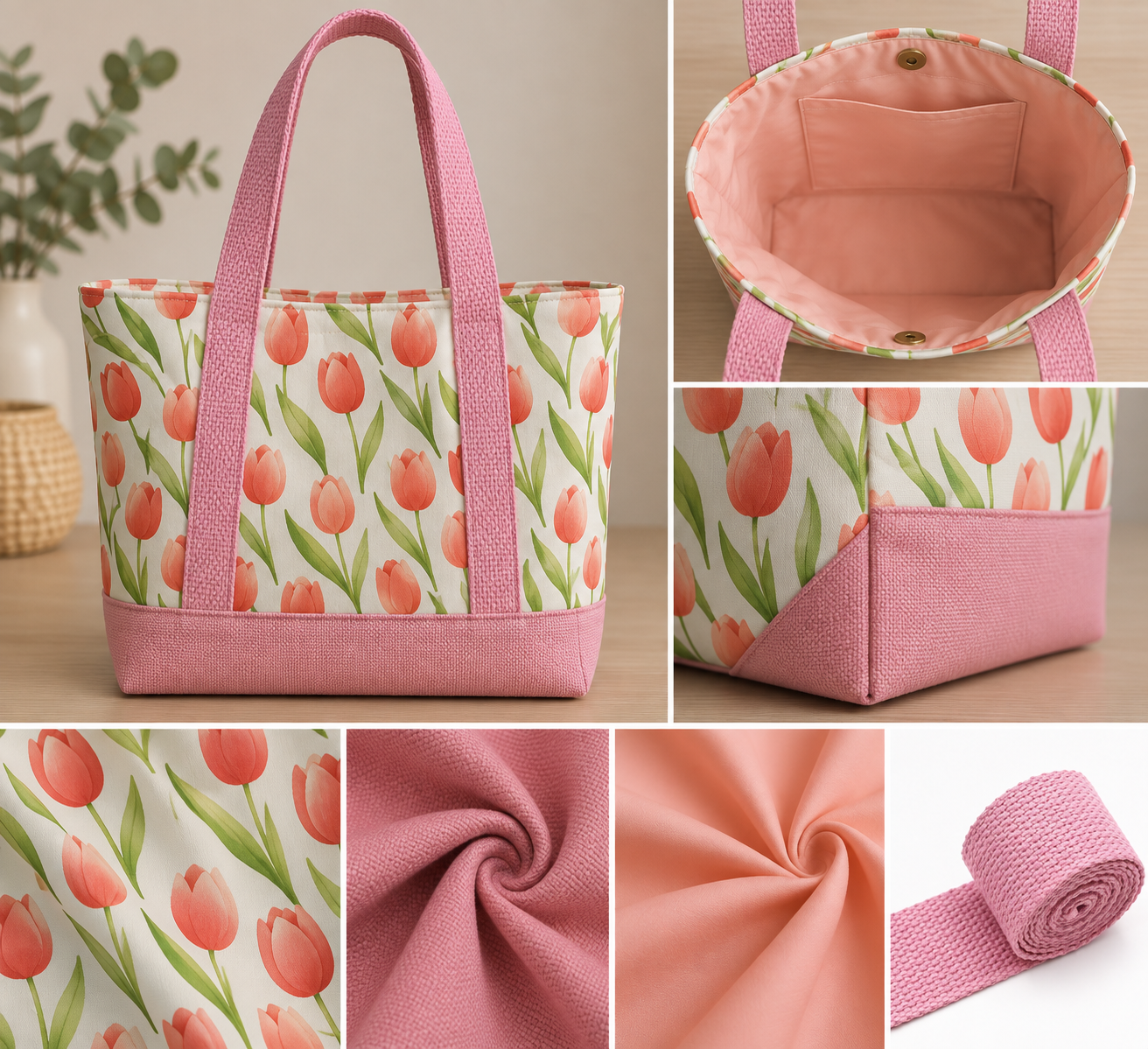 Visuel d’ambiance d’un cabas fleuri et de détails de tissu rose