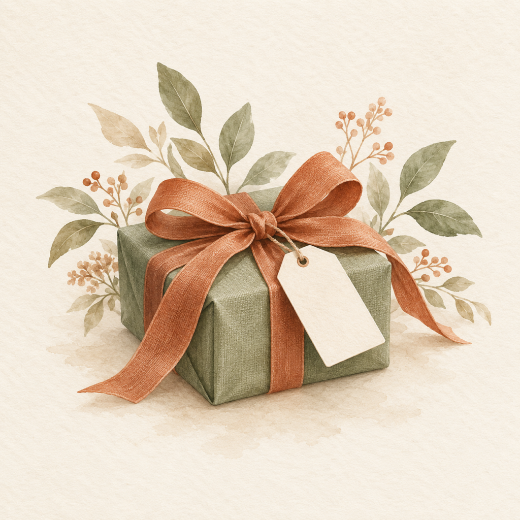 Illustration d’un cadeau vert sauge avec un ruban terracotta pour le bon cadeau Sewaw